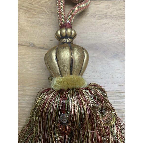 Vintage 1 Tie-back Tassel Golden Crown Finial Multicolor Threads 16” Large - Picture 4 of 5